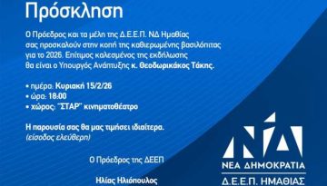 Με την Παρουσία του Υπουργού Τάκη Θεοδωρικάκου η Κοπή Πίτας της Δ.Ε.Ε.Π. Ν. Ημαθίας